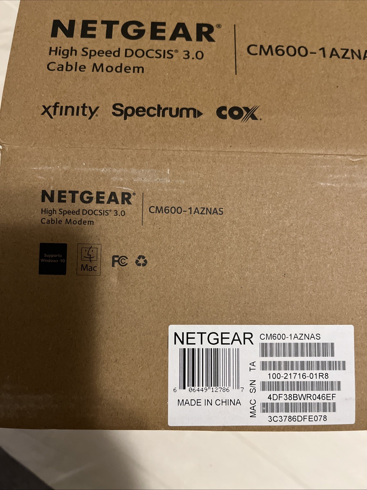 NETGEAR CM600 HIGH SPEED CABLE MODEM DOCSIS 3.0 XFINITY SPECTRUM COX MAC