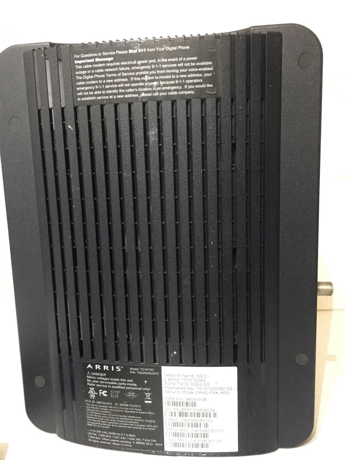 Arris TG1672G Touchstone Telephony Gateway WIFI (2.5GHz – 5.0GHz) 4 Port Modem
