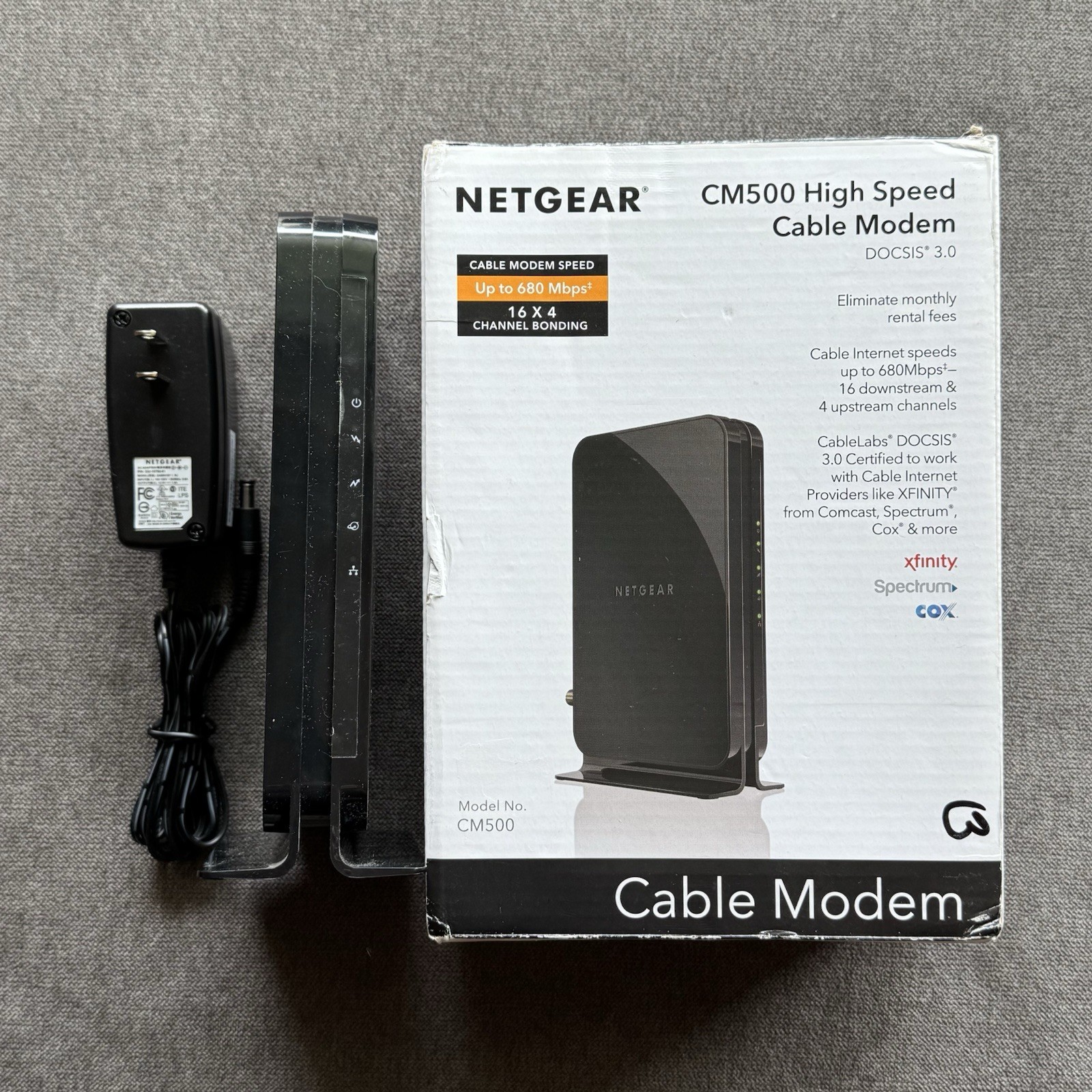 Netgear CM500 DOCSIS 3.0 Cable Modem w/ Adapter & Box Xfinity Spectrum Cox