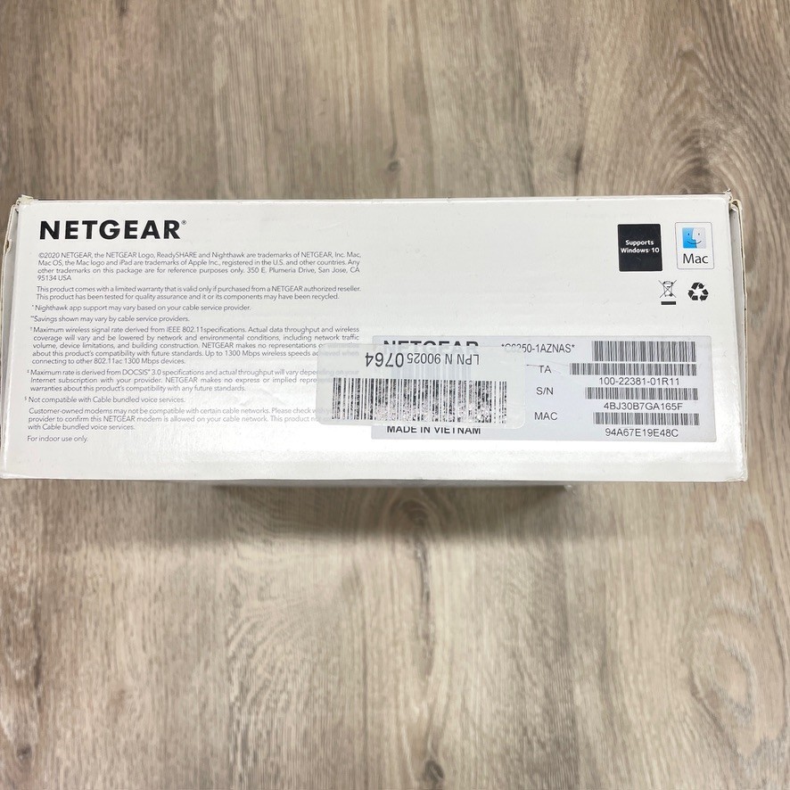 Netgear AC1600 C6250 WiFi Cable Modem Router DOCSIS 3.0 Dual Band Gigabit 802.11