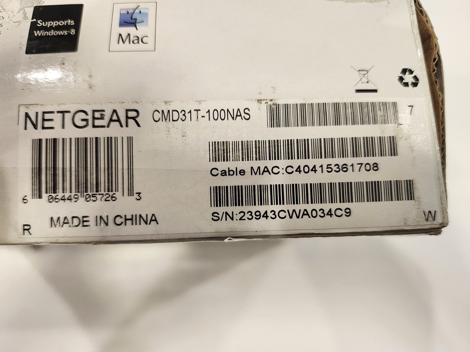 NETGEAR High Speed Cable Modem DOCIS 3.0 Model #CMD31T-100NAS UPIN 606449057263