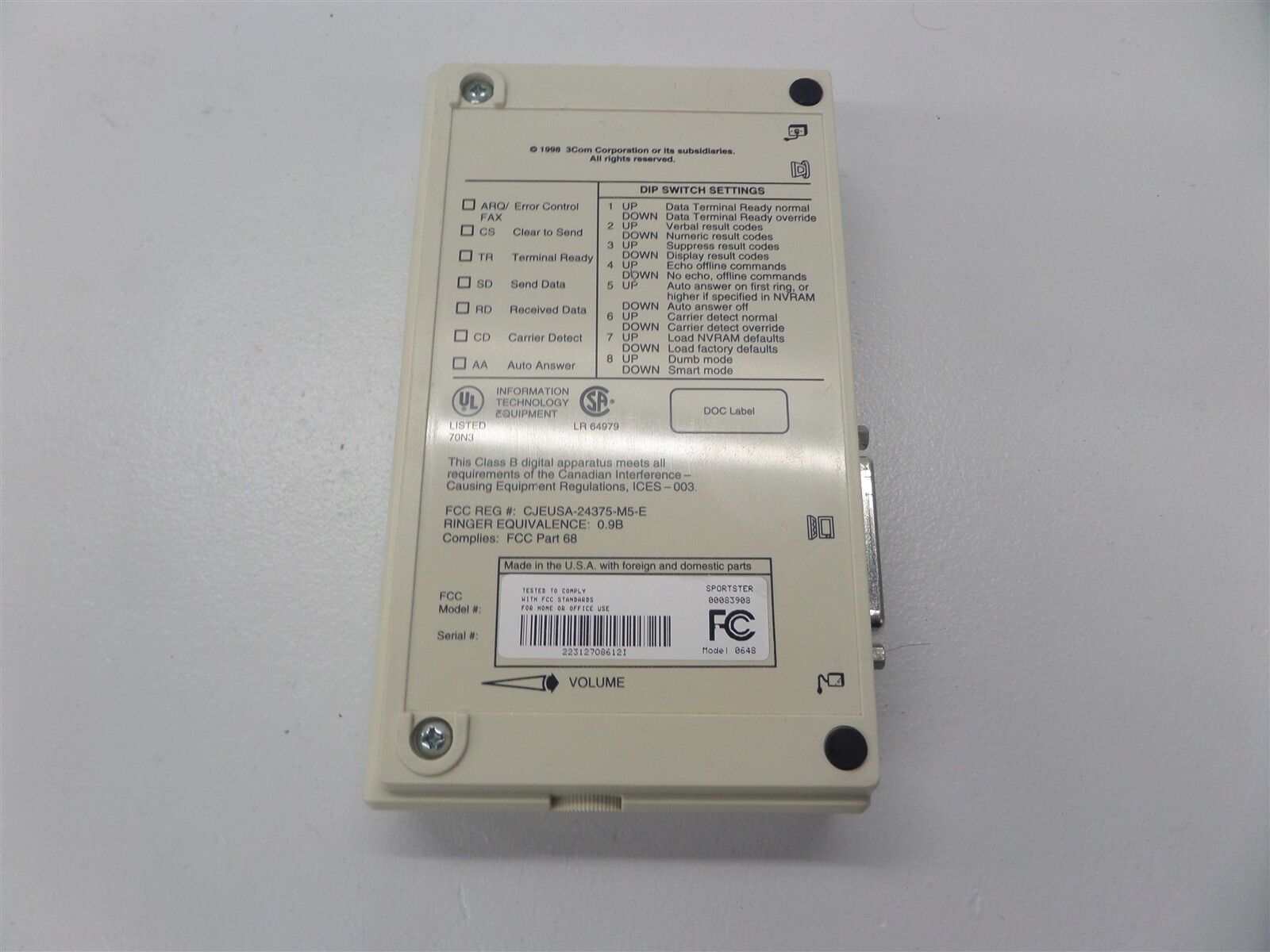 US Robotics Sportster 33.6 Fax Modem 00083908