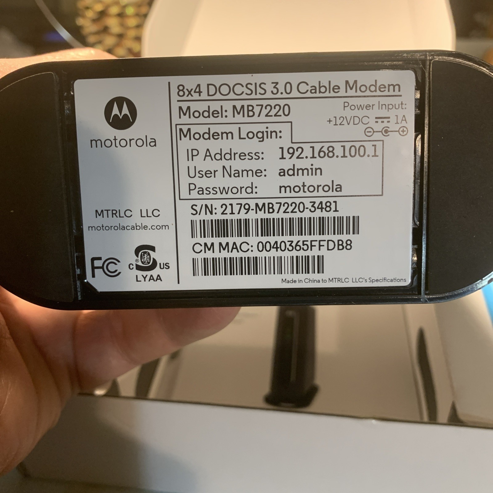 Motorola 8 By 4 Cable Modem,Model MB7220.New In Open Box.