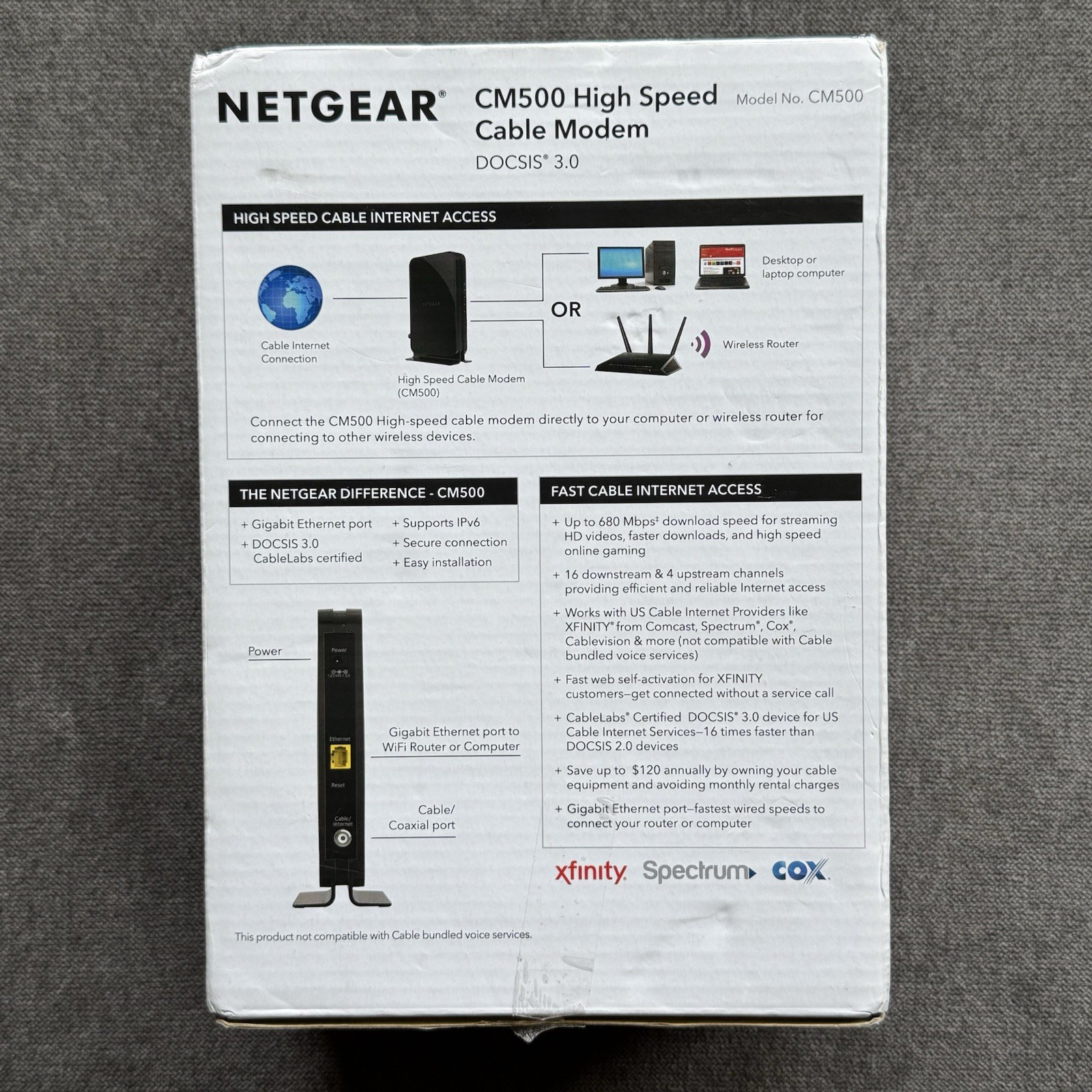 Netgear CM500 DOCSIS 3.0 Cable Modem w/ Adapter & Box Xfinity Spectrum Cox