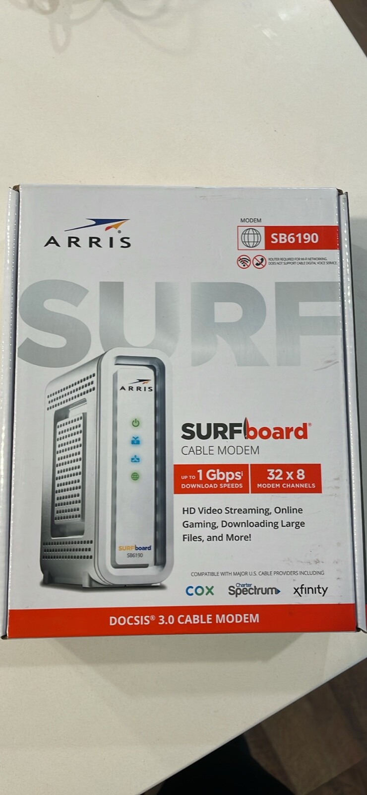 Surfboard Cable Modem SB6190 up to 1 Gbps download speeds, 32 x 8 modem channels
