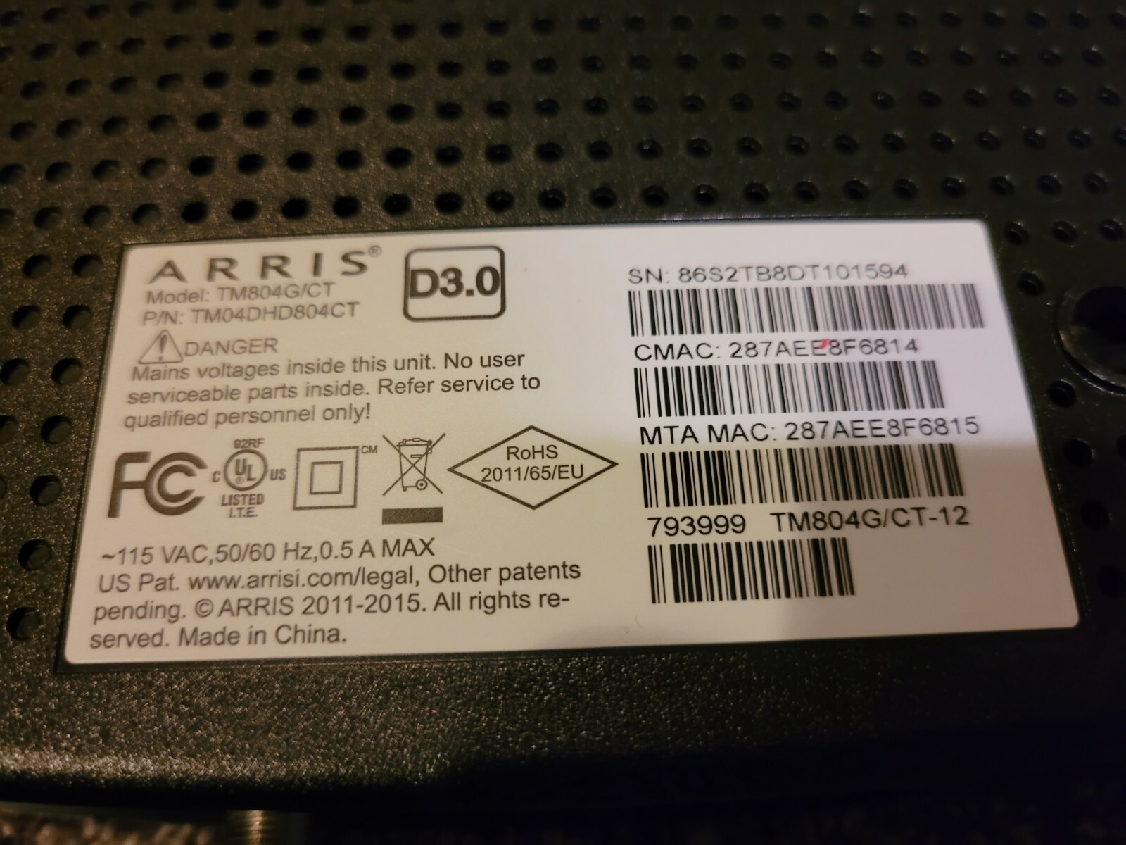 ARRIS TM804G /CT DOCSIS 3.0 Internet & Telephone Telephony Modem and Power Cable