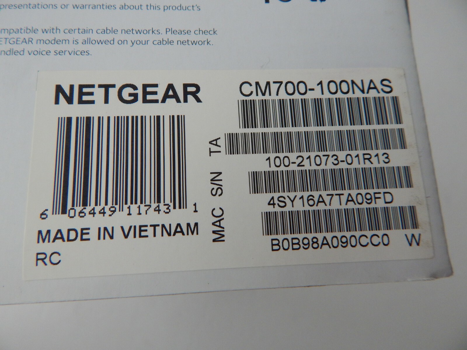 NETGEAR CM700-100NAS High Speed Cable Modem