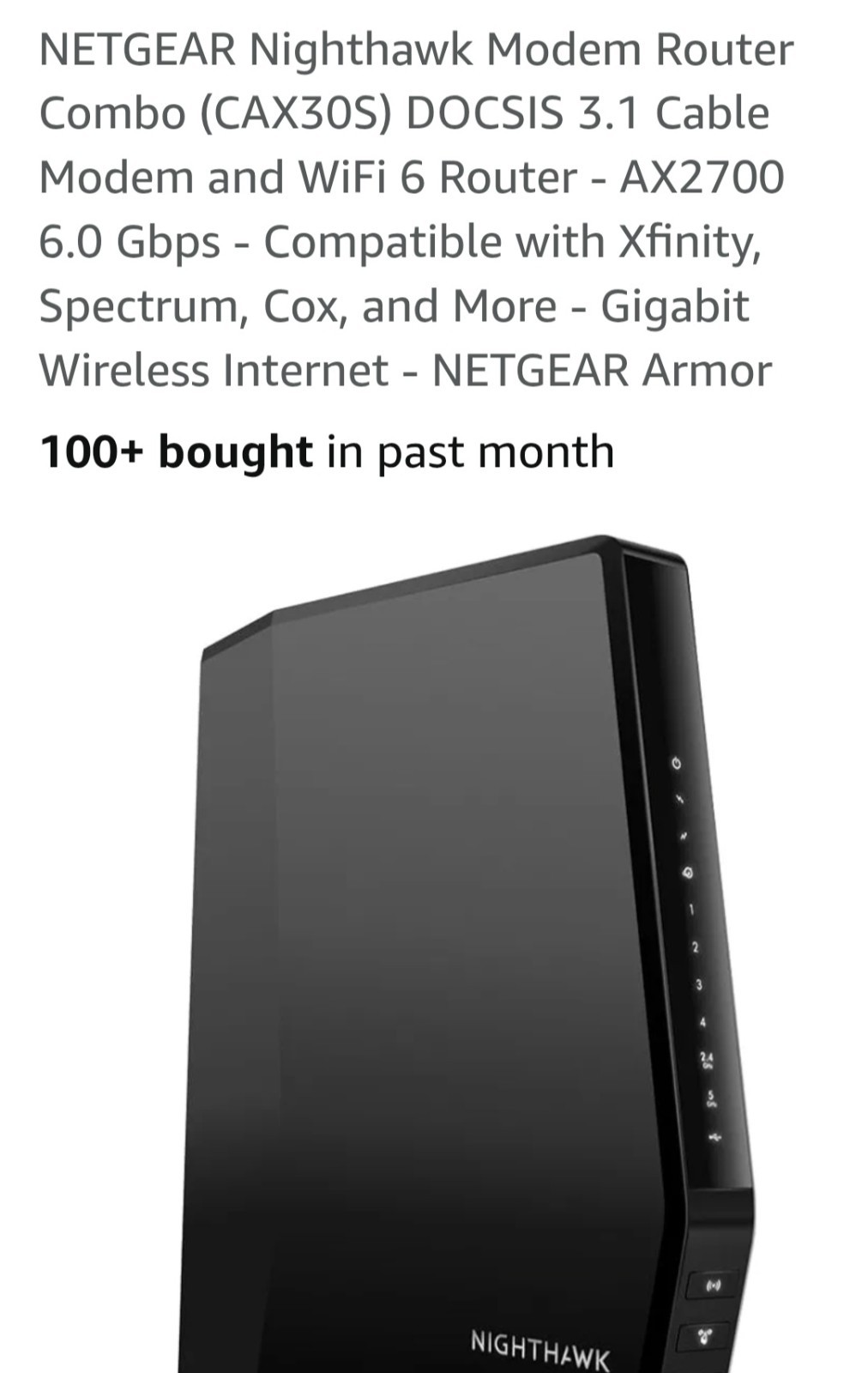 NETGEAR Nighthawk Wifi 6 Cable Modem Router Cable Gateway DOCSIS 3.1 AX2700