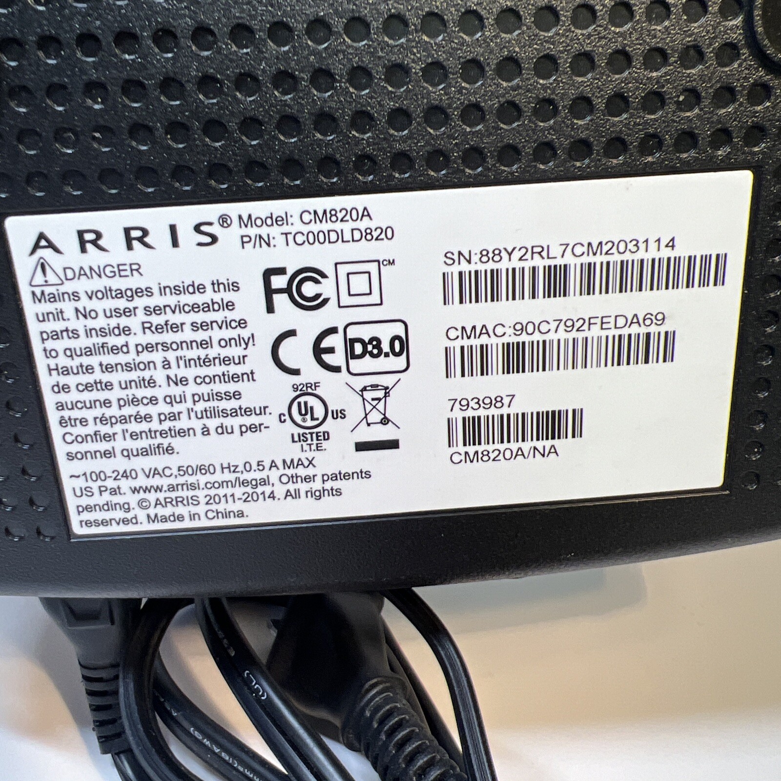 Arris CM820A TC00DLD820 CM820A Cable Modem w/ Power Cord