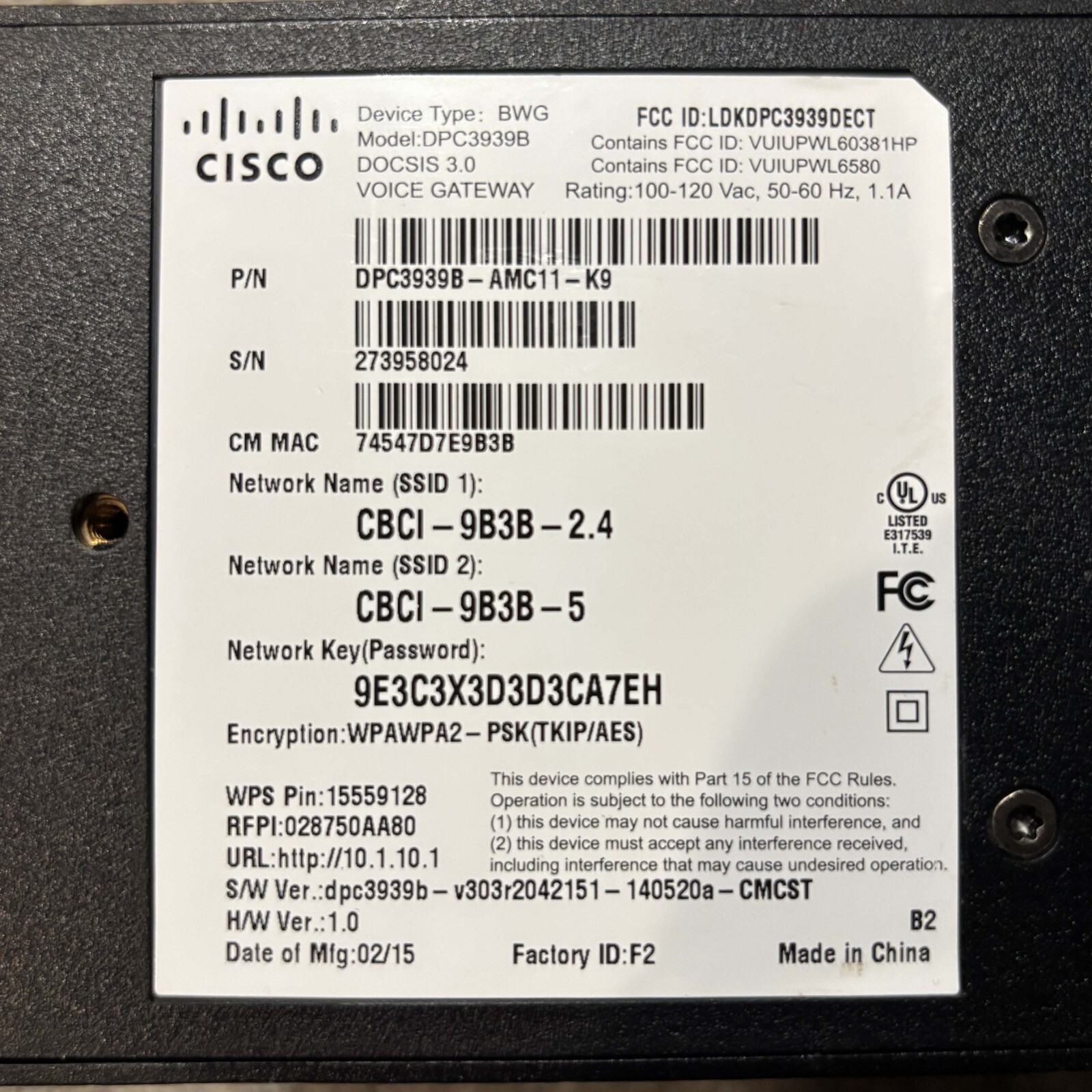 Cisco Comcast DPC3939B Business DOCSIS 3.0 Voice Gateway Modem *AS IS*