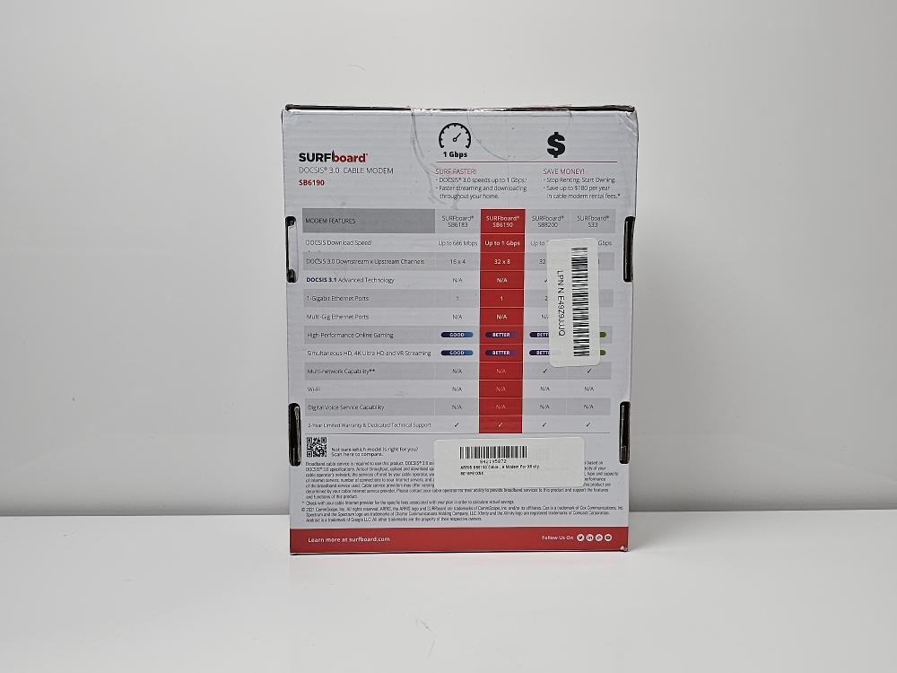 ARRIS SB6190 Cable Modem – Fast DOCSIS 3.0 32×8 Gigabit Cable Modem For Xfinity
