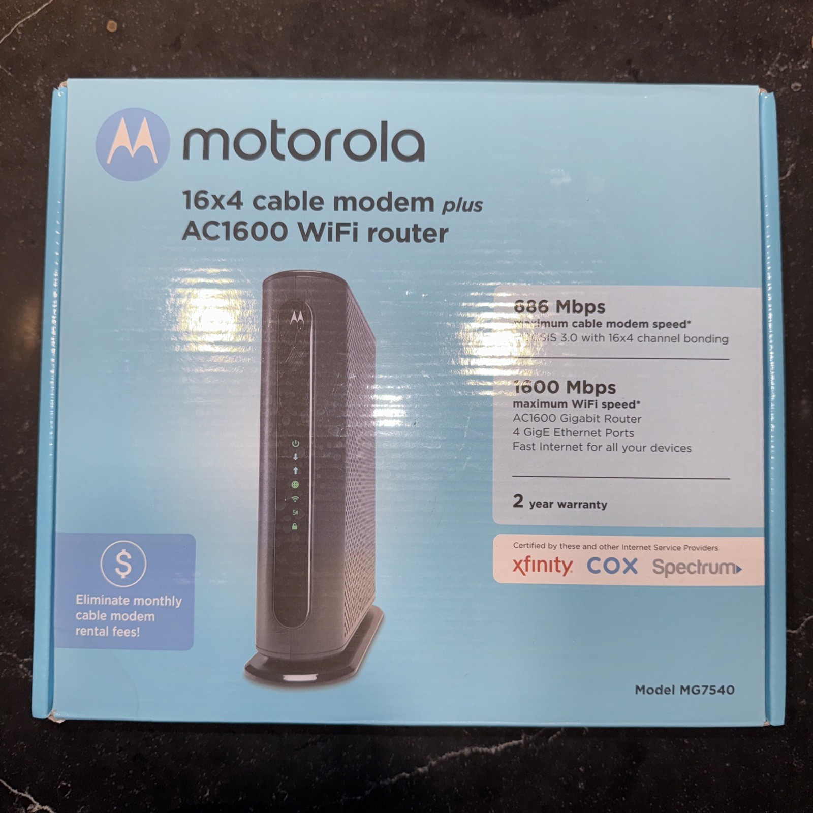 Motorola MG7540 Cable Modem Router Combo DOCSIS 3.0 16×4 AC1600 WiFi | In Box