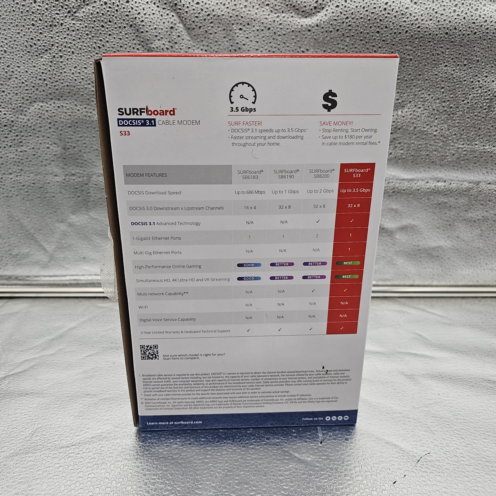 ARRIS S33 Surfboard DOCSIS 3.1 Multi-Gigabit Cable Modem, 2.5 GBPS Ethernet Port