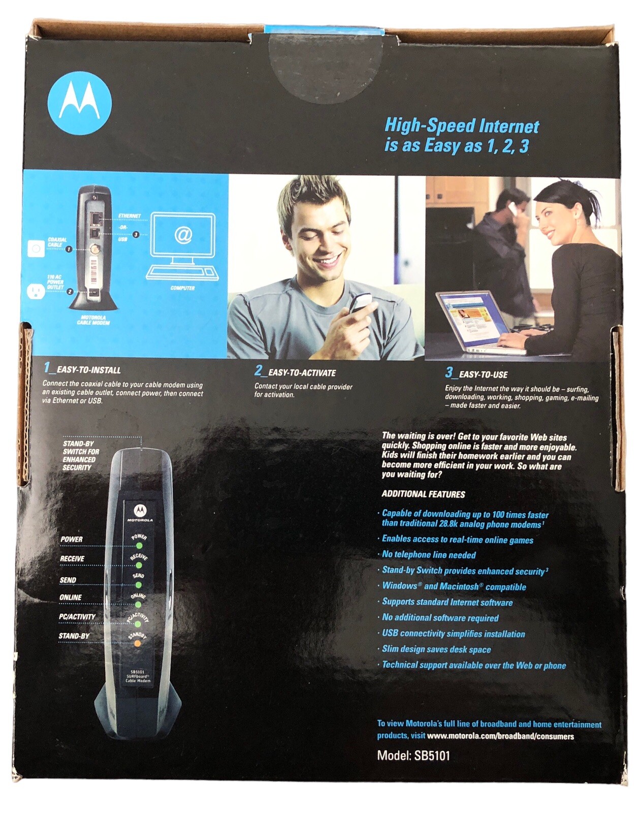 Motorola SB5101 Cable Modem With ac/dc adapter & Ethernet Cable Unused OPEN BOX