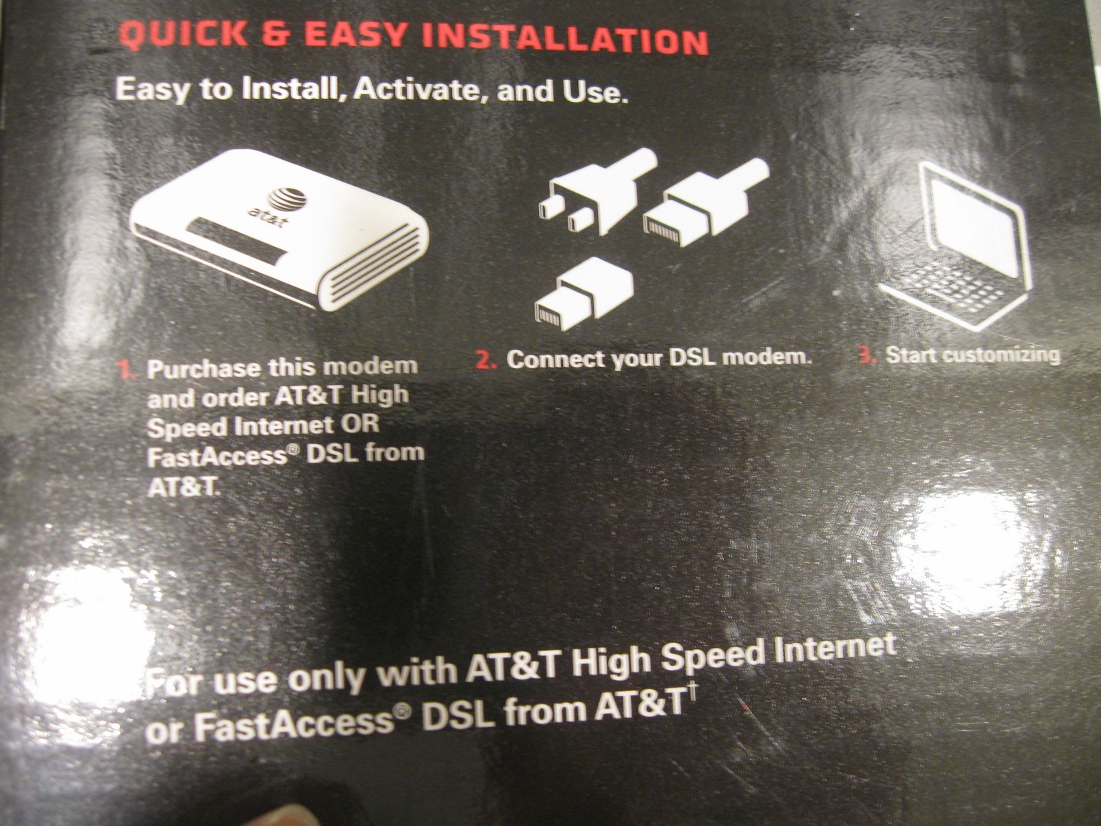 AT&T High Speed DSL Modem, power cord, and box: 3360, 58111-003-00