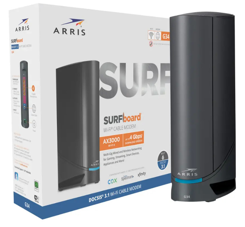 ARRIS – SURFboard DOCSIS 3.1 Cable Modem & Wi-Fi 6 Router Combo – Black – G34