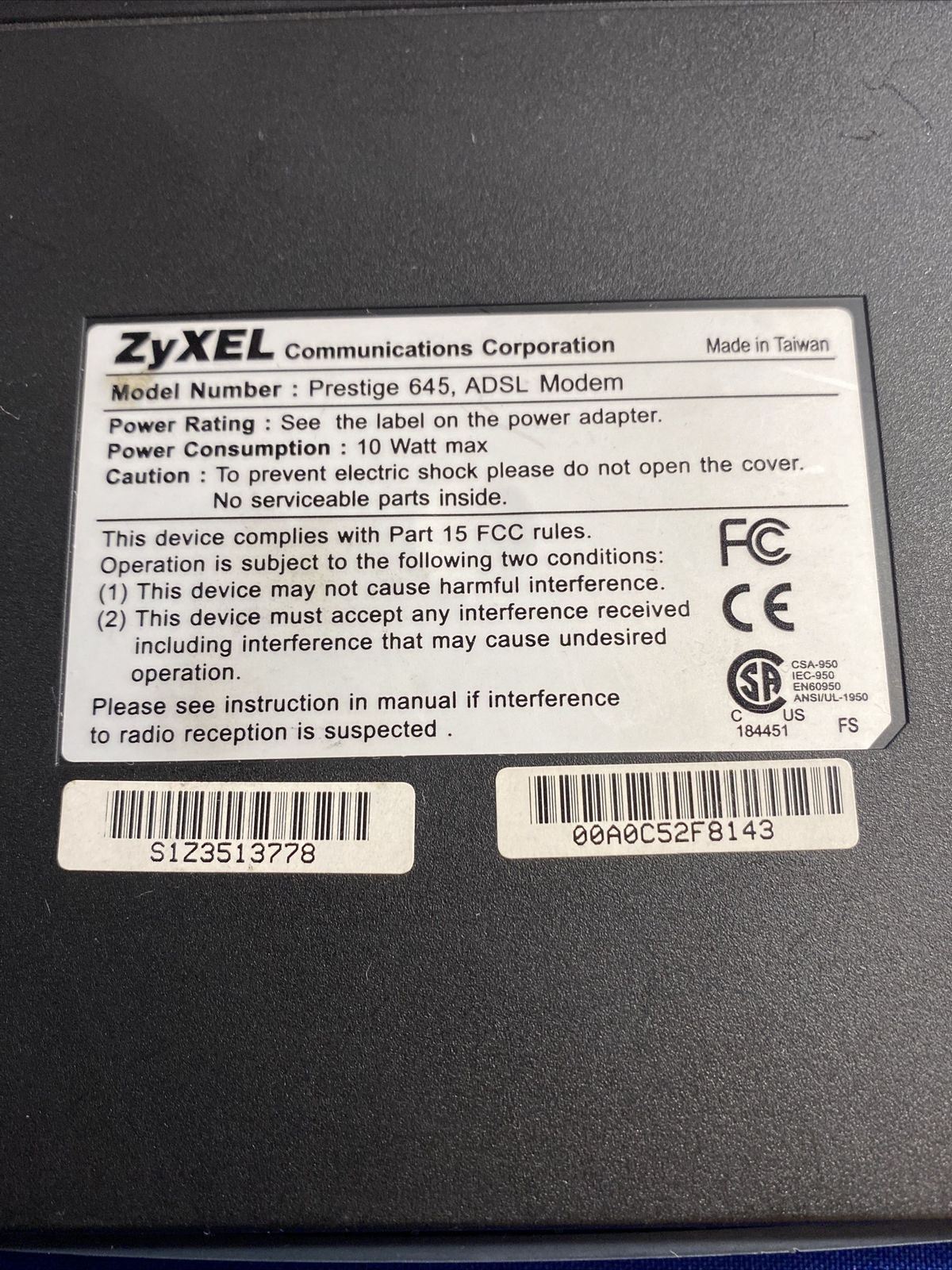ZyXel Prestige 600 Series 645M ADSL Modem Internet Access Bridge & Power Adaptor