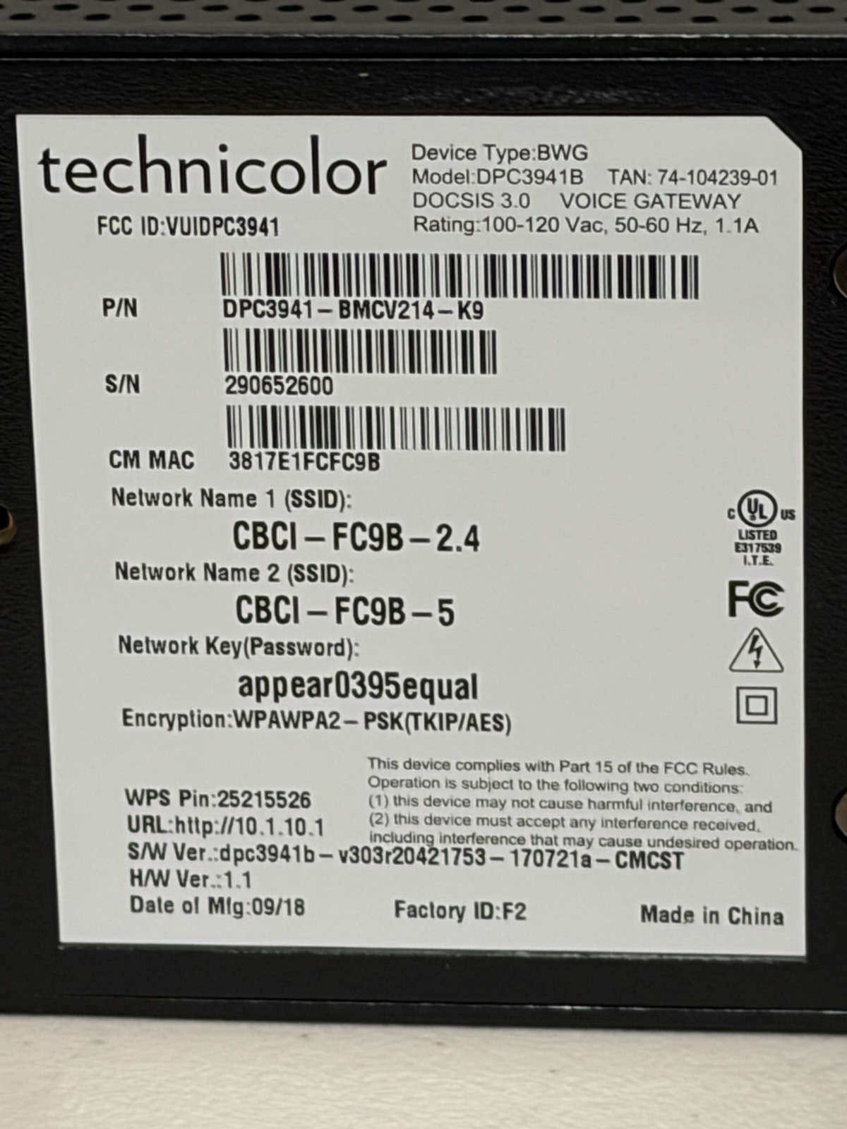 Technicolor DPC3941B Comcast Business Dual Band WiFi Cable Modem Router w/Cord