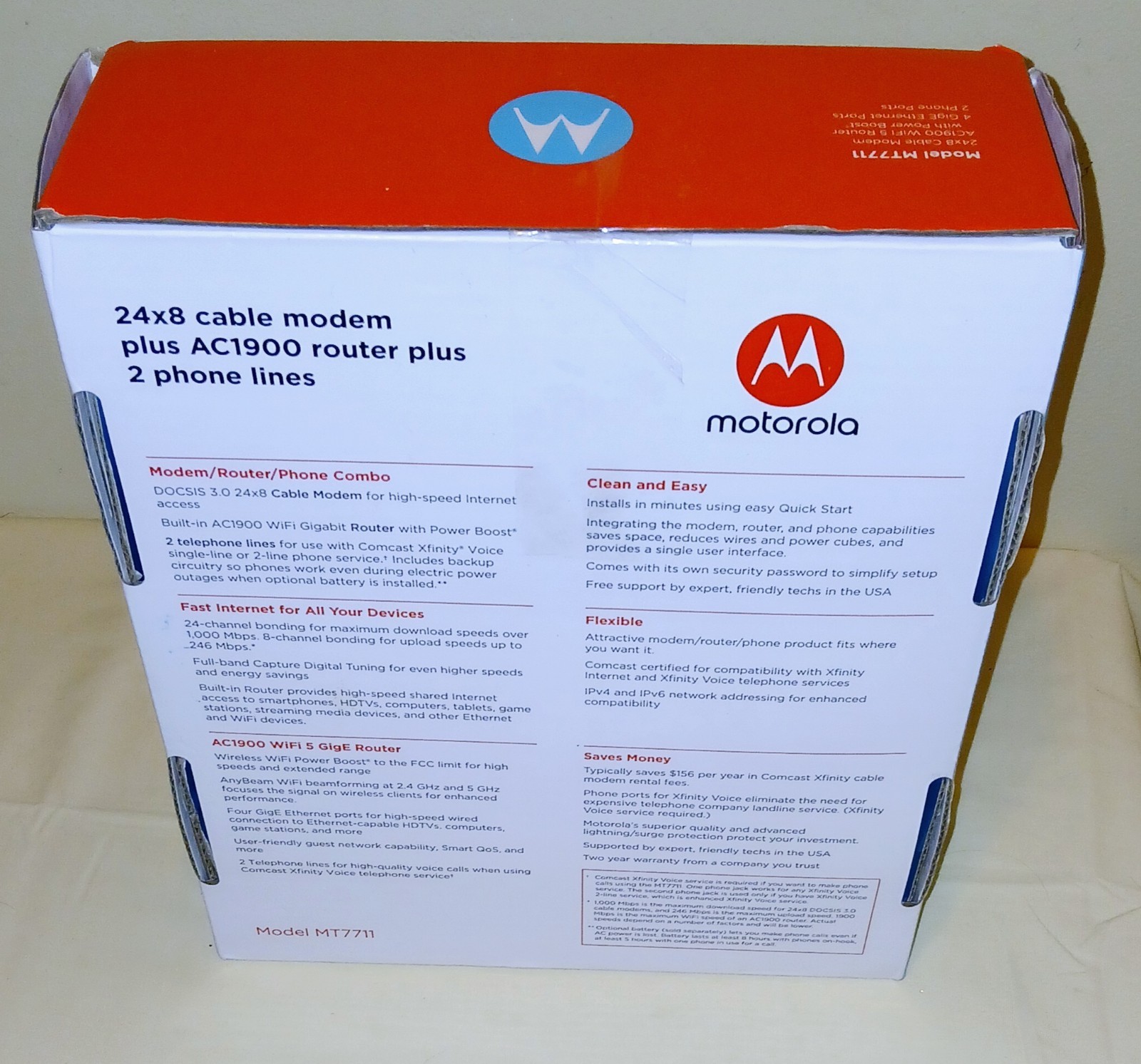Motorola 24×8 Cable Modem + AC1900 WiFi Router + 2 Phone Line for Xfinity MT7711
