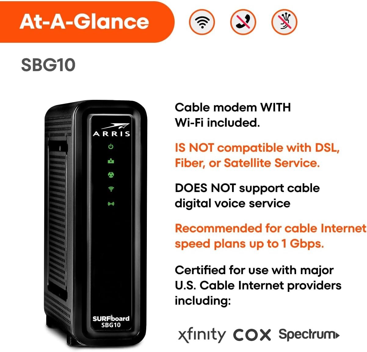Arris SBG10 Cable Modem Router Combo Black DOCSIS 3.0 4 Ethernet Ports 400 Mbps