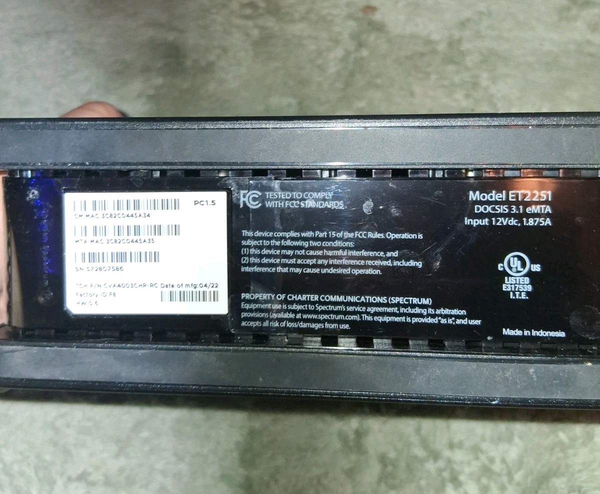Spectrum ET2251 DOCSIS 3.1 eMTA 2.5G Internet Modem w/ Power Adapter
