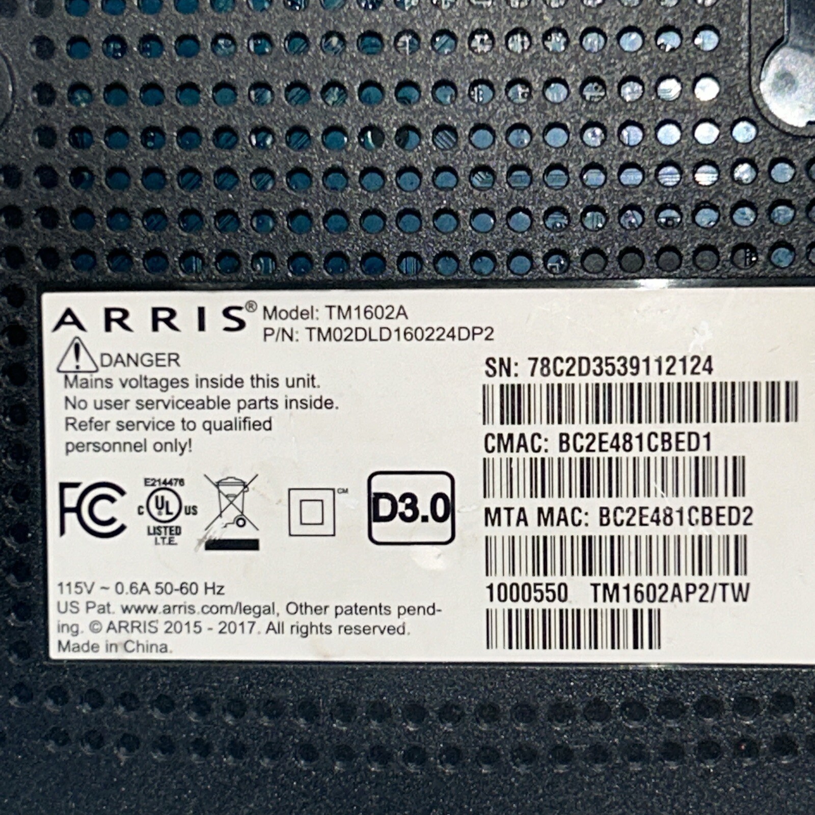 Arris TM1602A Docsis 3.0 Telephony Cable Modem for Charter Optimum Cablevision