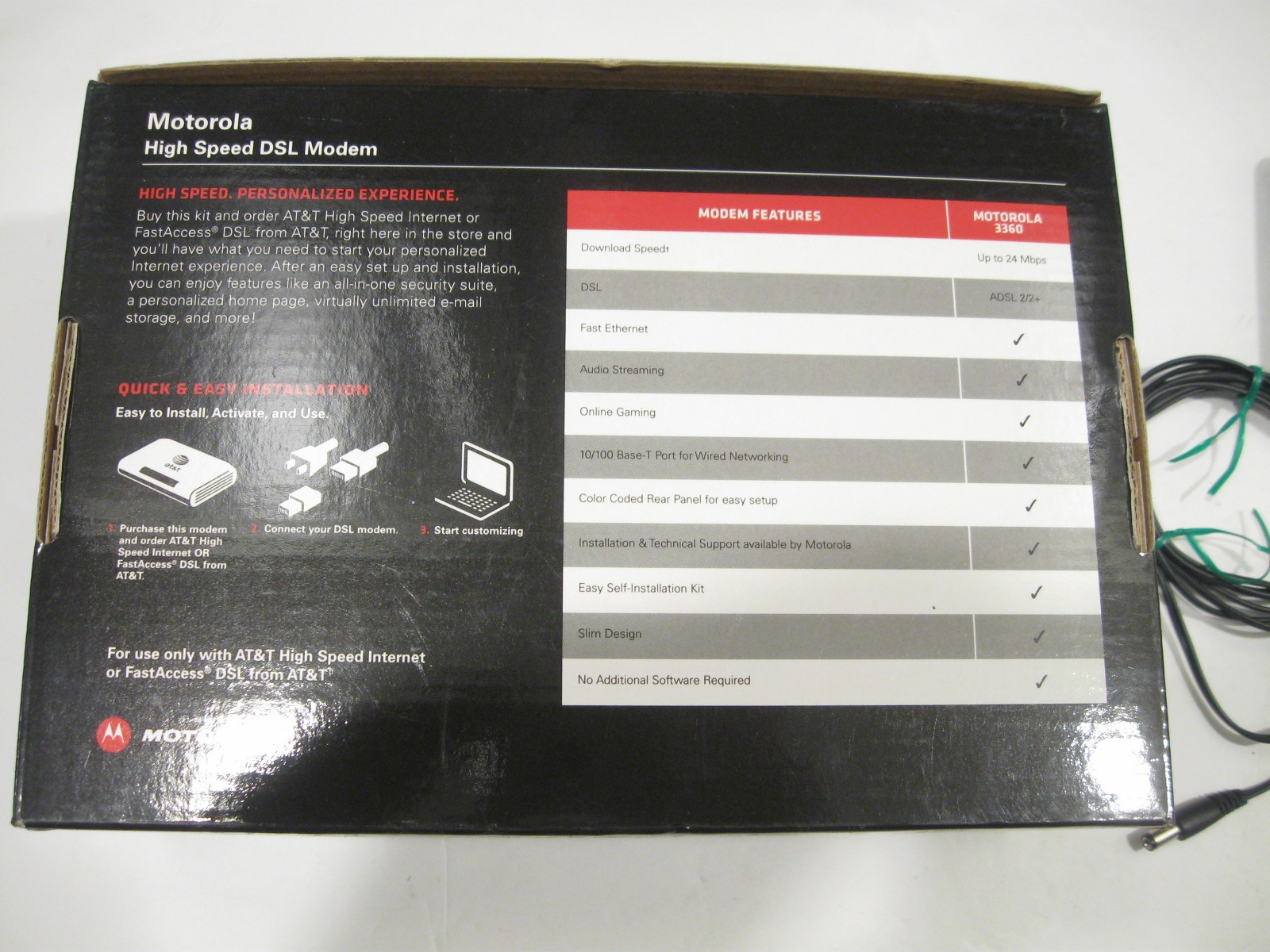 AT&T High Speed DSL Modem, power cord, and box: 3360, 58111-003-00