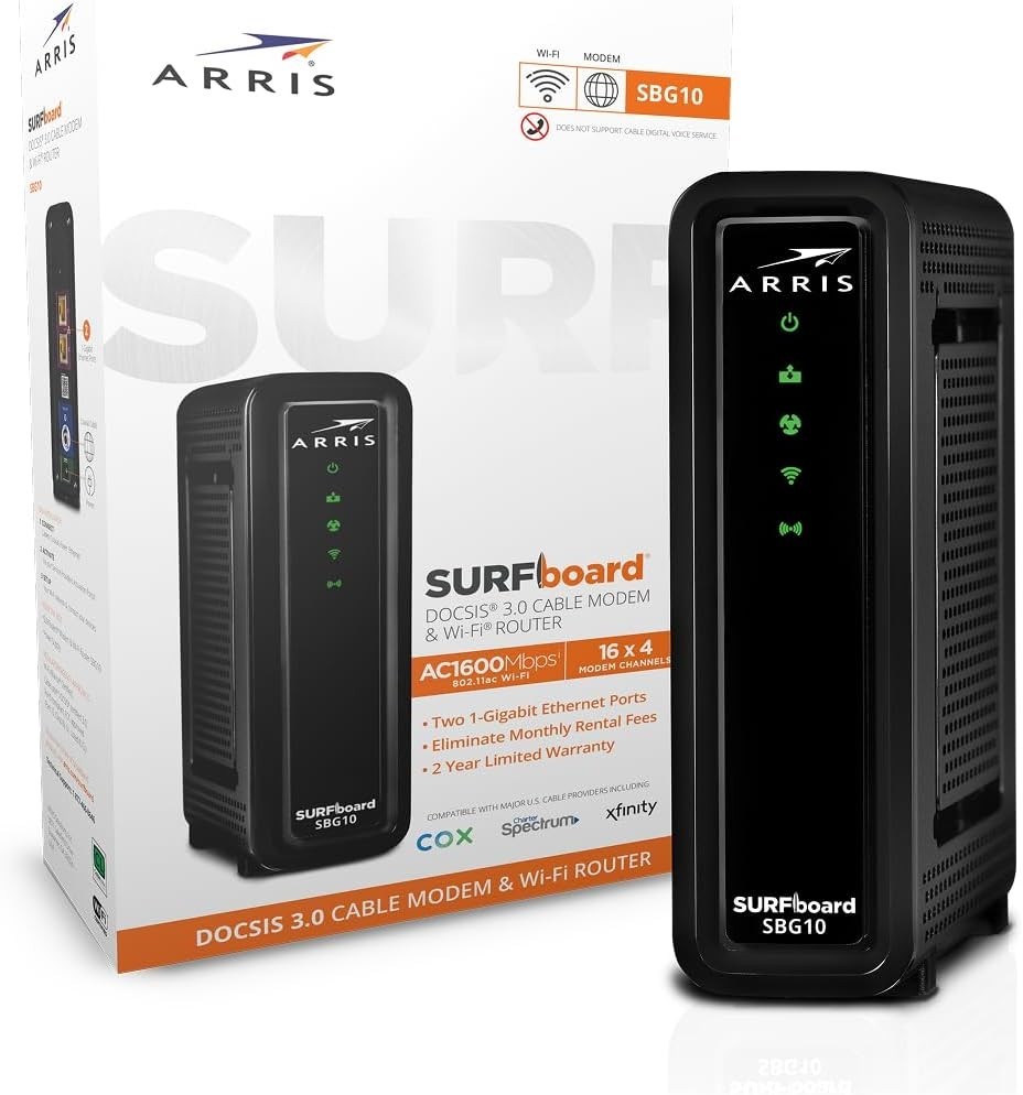 ARRIS (SBG10) – Cable Modem Router Combo – DOCSIS 3.0 16 x 4 Gigabit & AC1600…