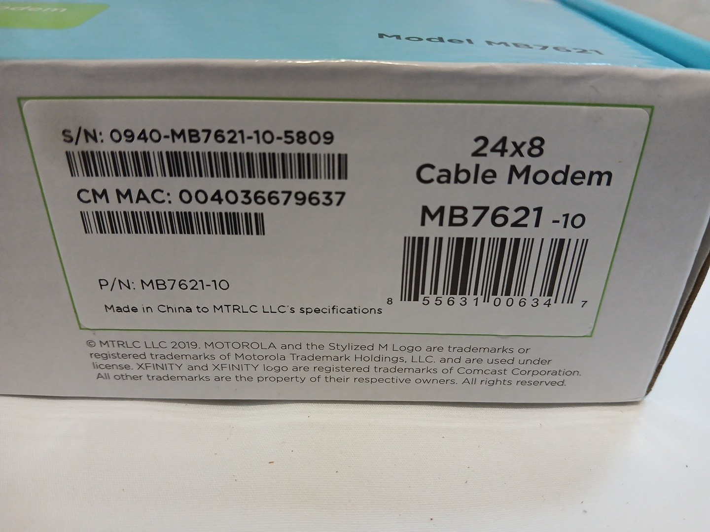 Motorola 24×8 Cable Modem DOCSIS 3.0 Model No. MB7621 Gently Used 1000+ Mbps