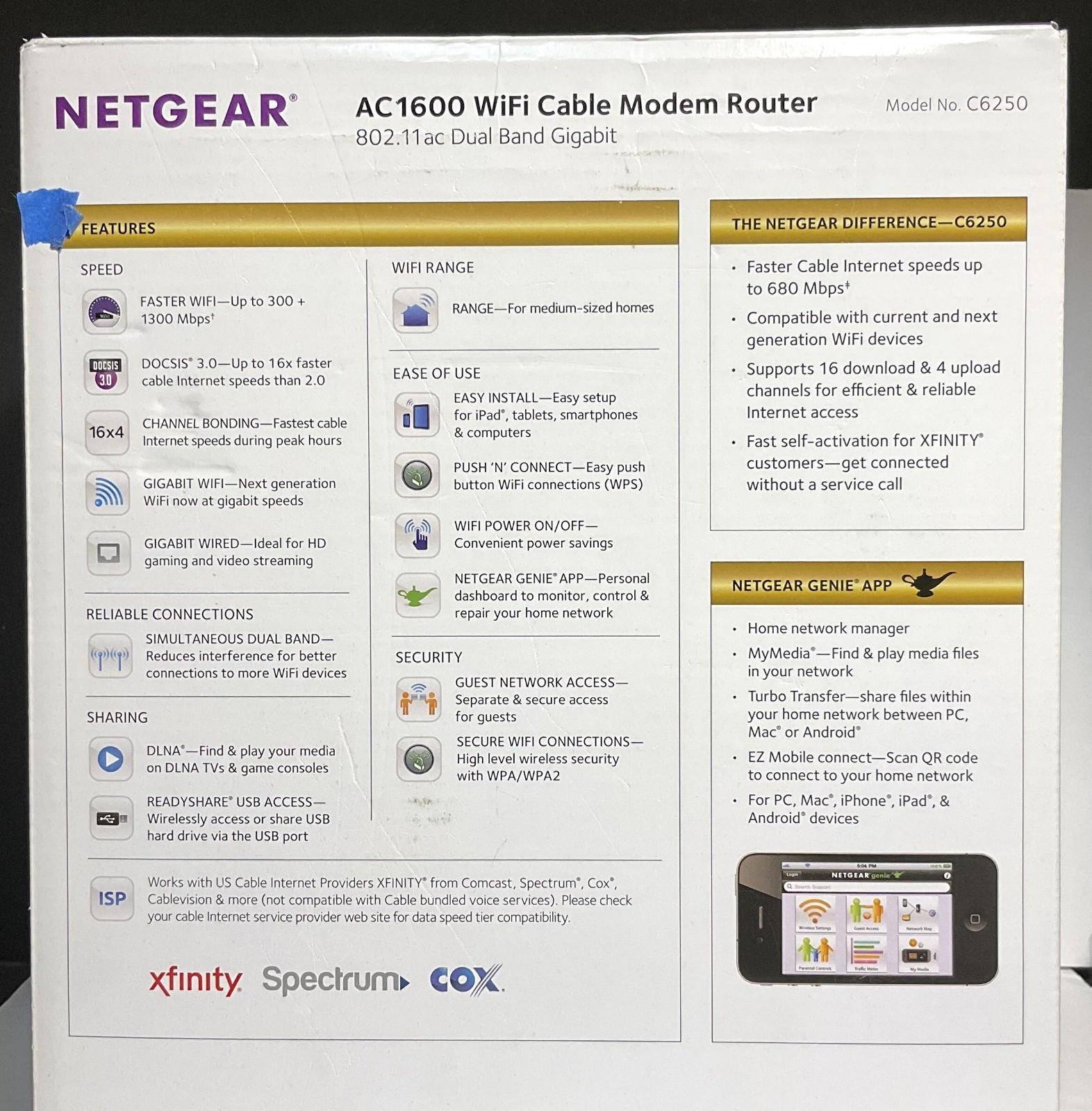 NETGEAR AC1600 WiFi Cable Modem Router C6250 – up to 680 Mbps – Used – Orig Box