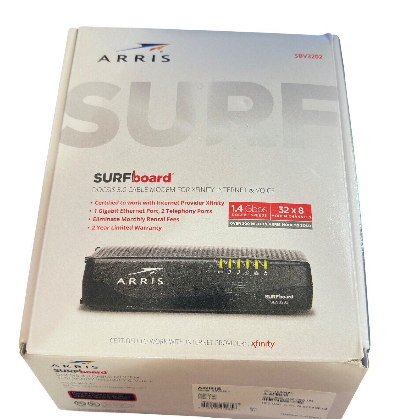 Arris SURFboard SBV3202 Cable Modem Xfinity Voice DOCSIS 3.0 Black 1.4Gbps