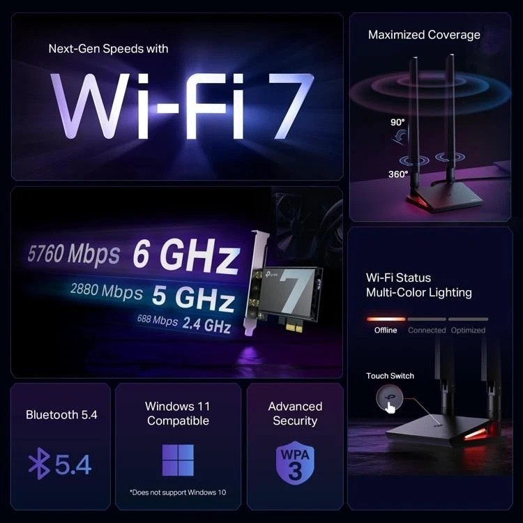 TP Link BE9300 WiFi 7 Bluetooth PCIe Adapter Tri-Band Bluetooth 5.4 TBE550E🔥