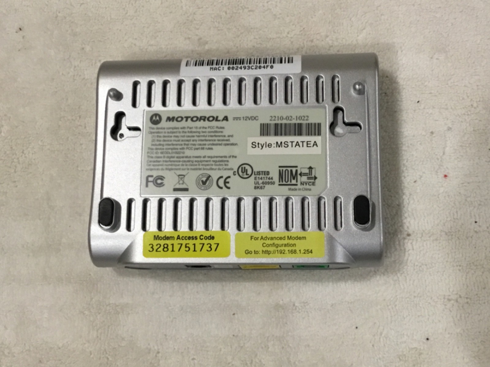 MOTOROLA DSL Modem Style: MSTATEA Model # 2210-02-1022 with Power adapter