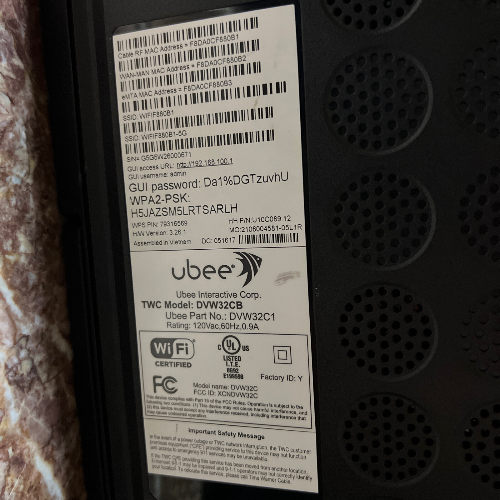 Ubee | DVW32CB | Advanced Wireless Voice Gateway Modem & Router No Power Cord