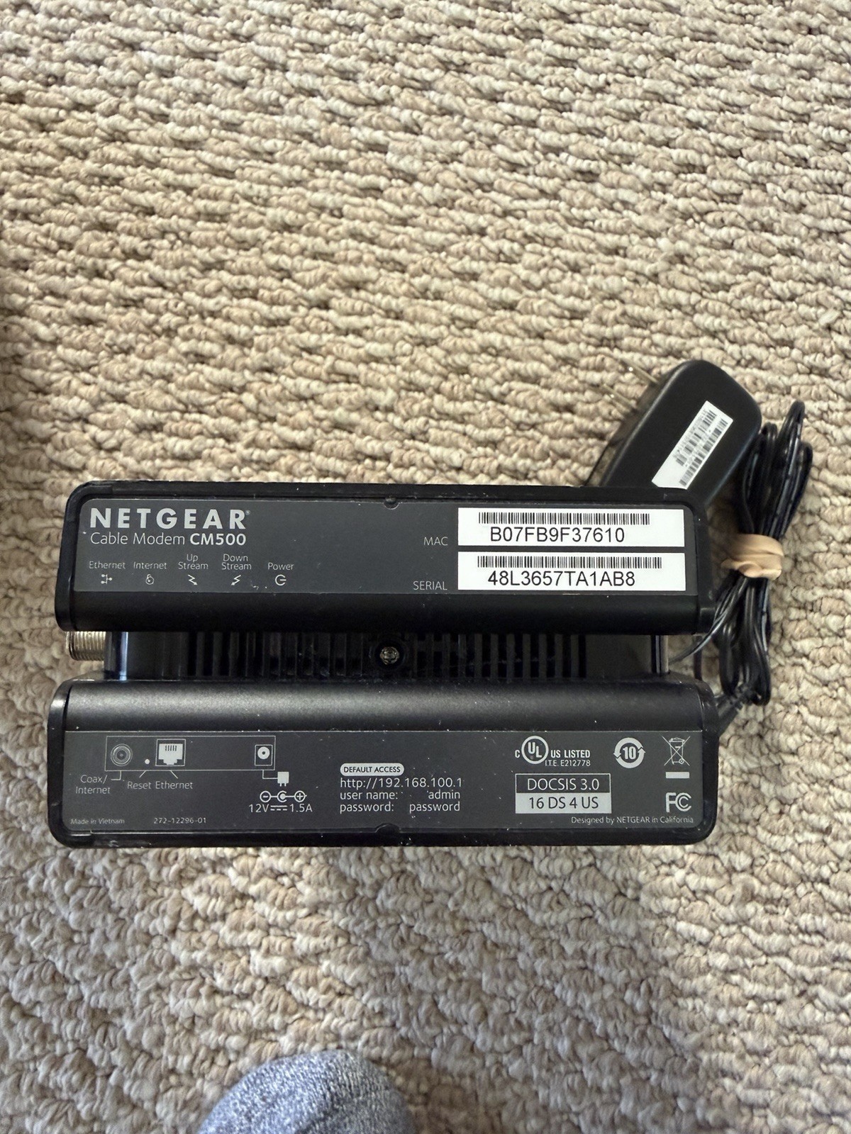 NETGEAR Cable Modem CM500 Docsis 3.0 With Power Supply Tested