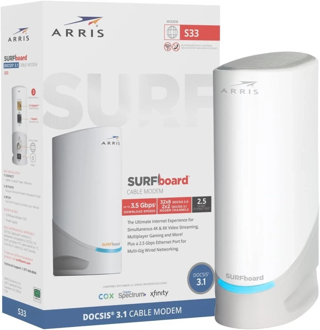 Cable Modem DOCSIS 3.1 Multi Gigabit 2.5 Gbps Arris S33-RB White Comcast