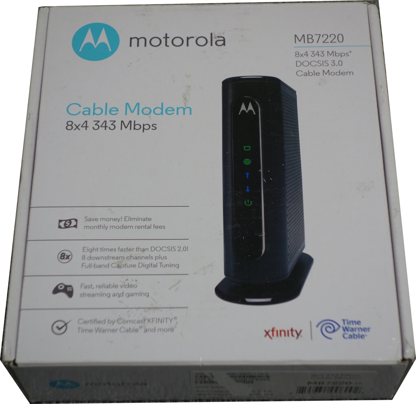 MOTOROLA 8×4 Cable Modem Model MB7220 343 Mbps DOCSIS 3.0 Spectrum xFinity more