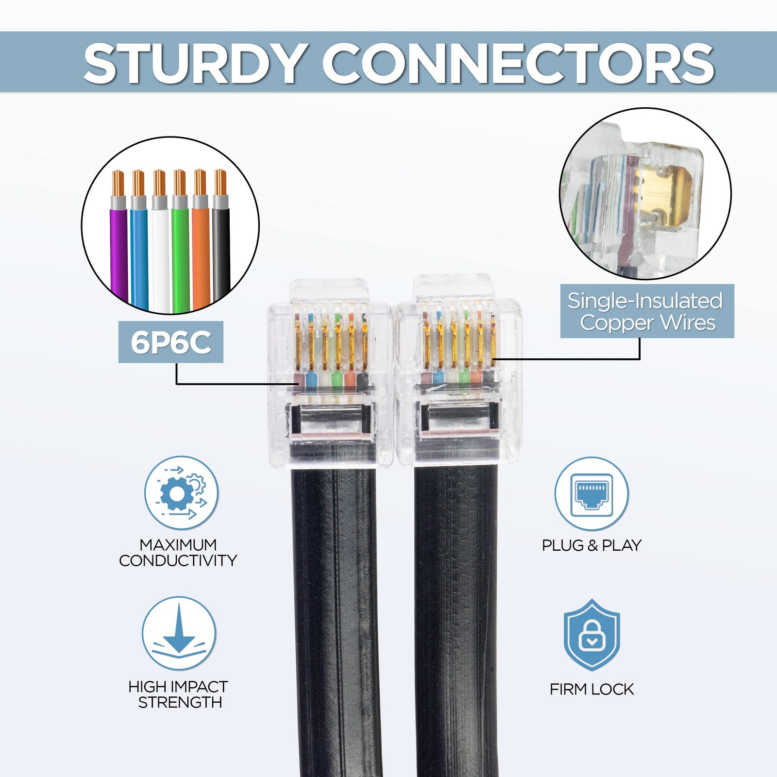 5 Feet Rj11 / Rj12 Data Cable Heavy Duty 6pins Highspeed Extension For Cash Regi