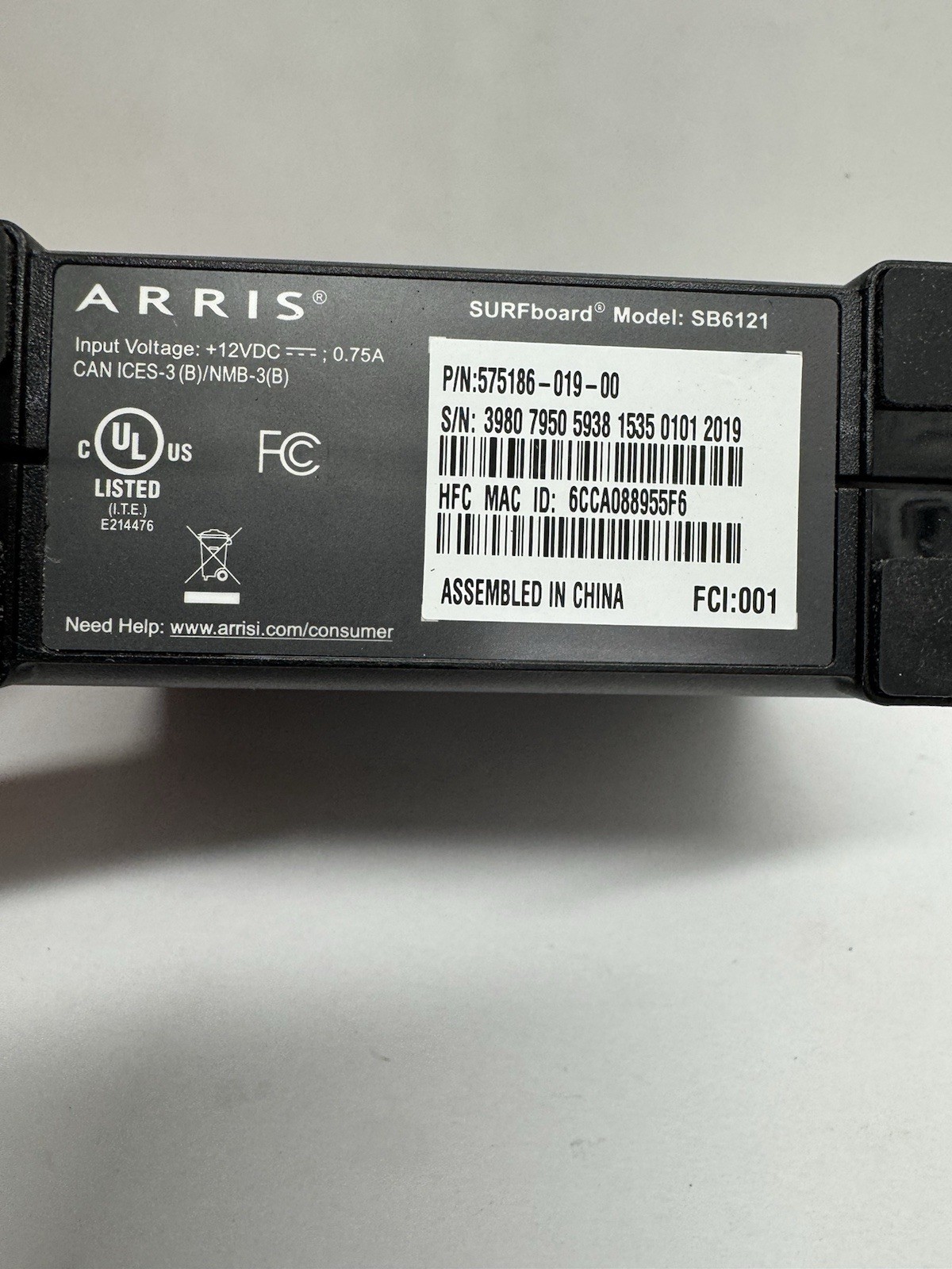 ARRIS SURFboard SB6121 DOCSIS 3.0 Cable Modem Ethernet Untested No Cord