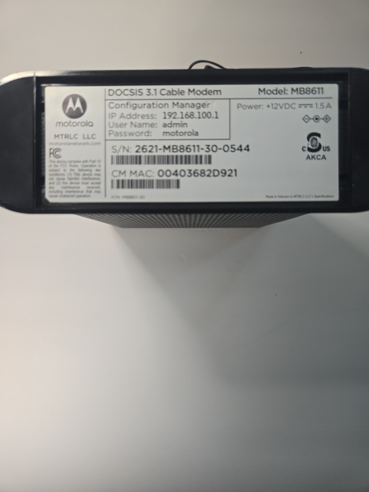 Motorola MB8611 32 x 8 DOCSIS 3.1 Cable Modem. Very Fast!!!