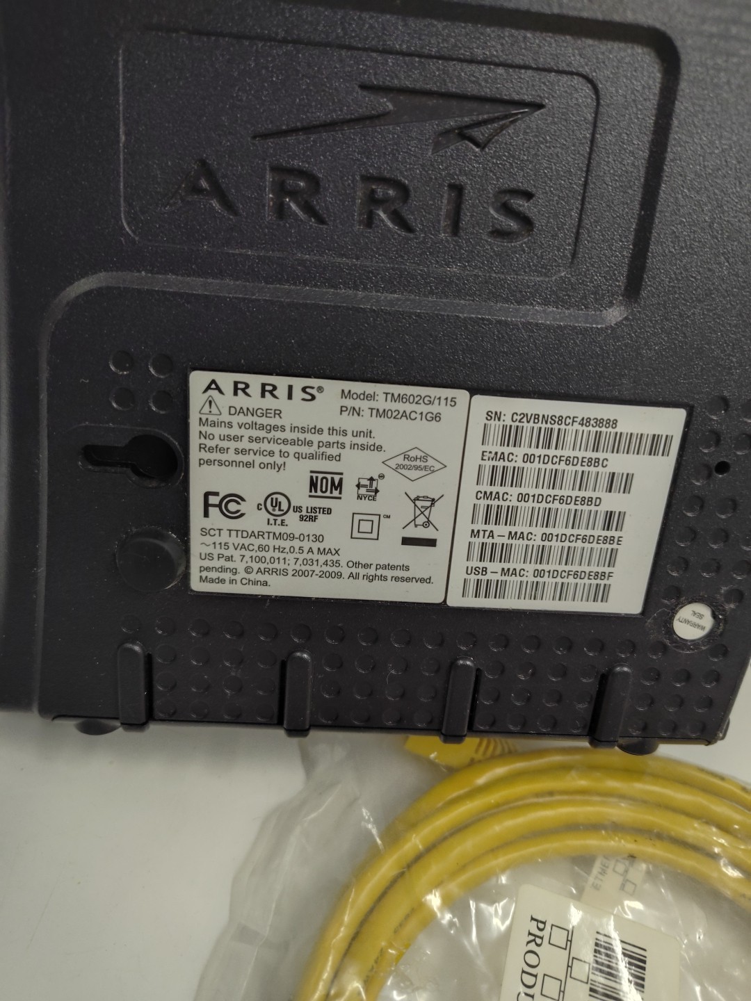 ARRIS TM602G/115 Touchstone Telephony Modem & Power Cord Computer Internet