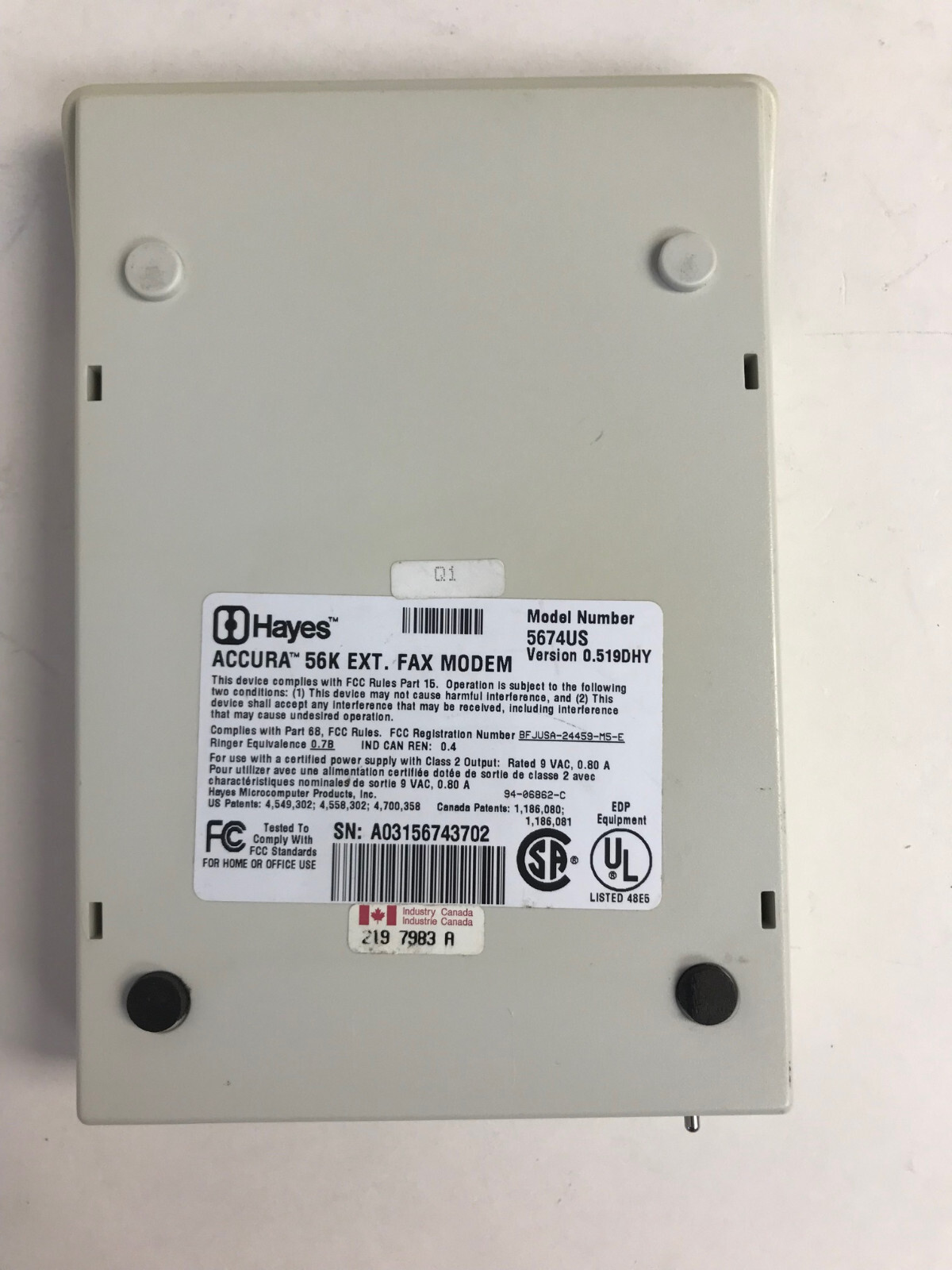 HAYES 5674US ACCURA 56K EXTERNAL FAX MODEM ACCURA 56K + FAX *COVER YELLOWED*