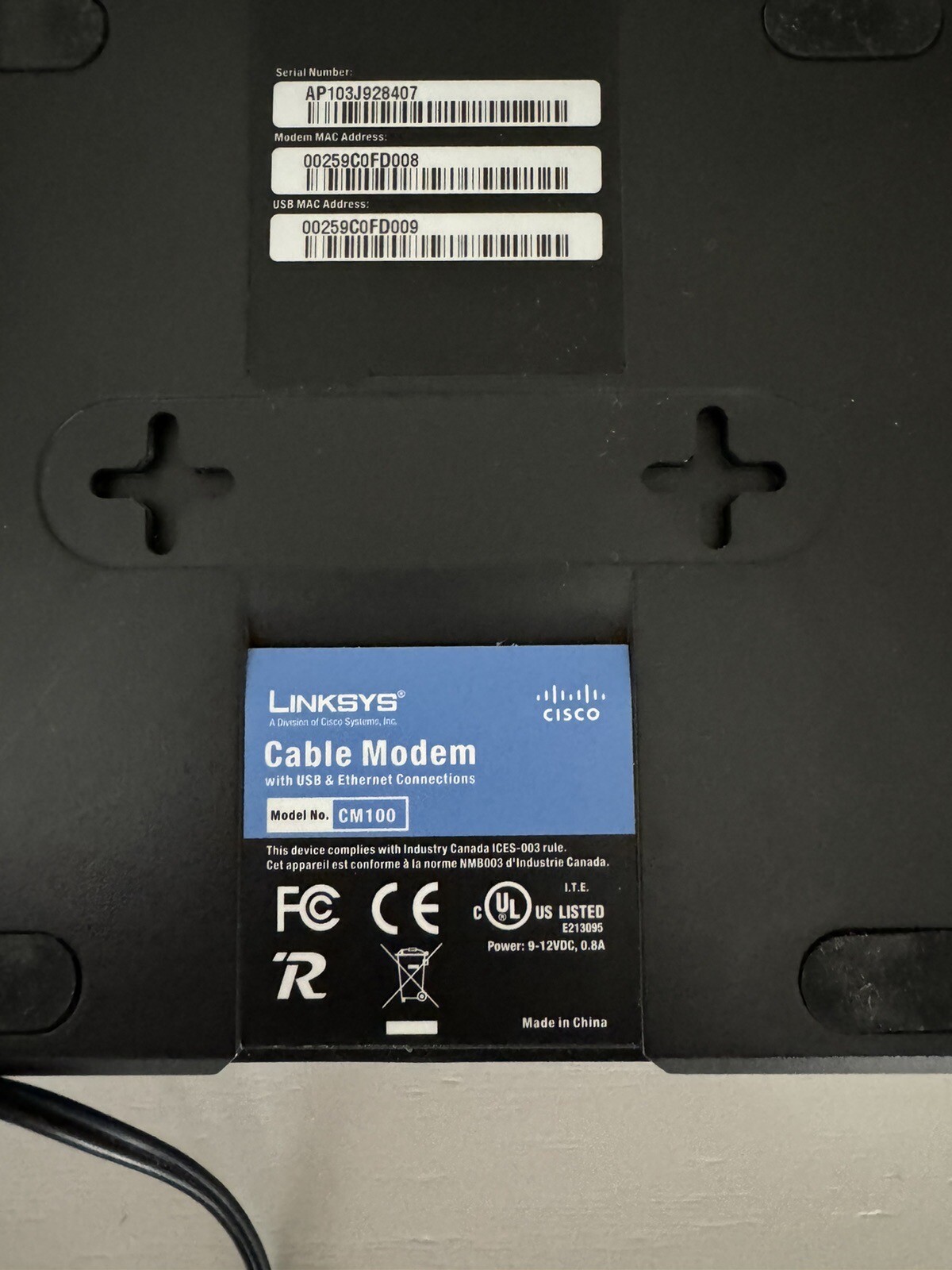 Cisco-Linksys Cable Modem with Ethernet USB Connection. CM100