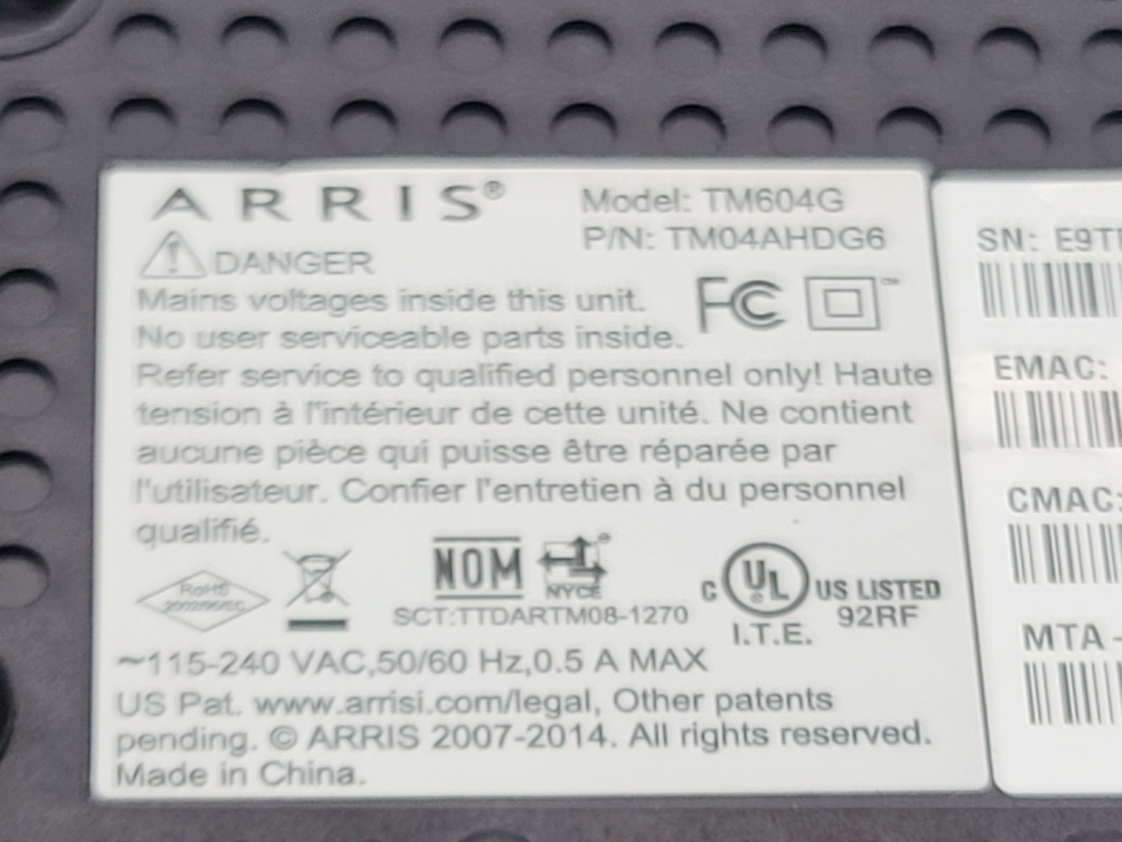 ARRIS TM604G TOUCHSTONE DOCSIS 2.0 TELEPHONY CABLE MODEM VOIP INTERNET DEVICE