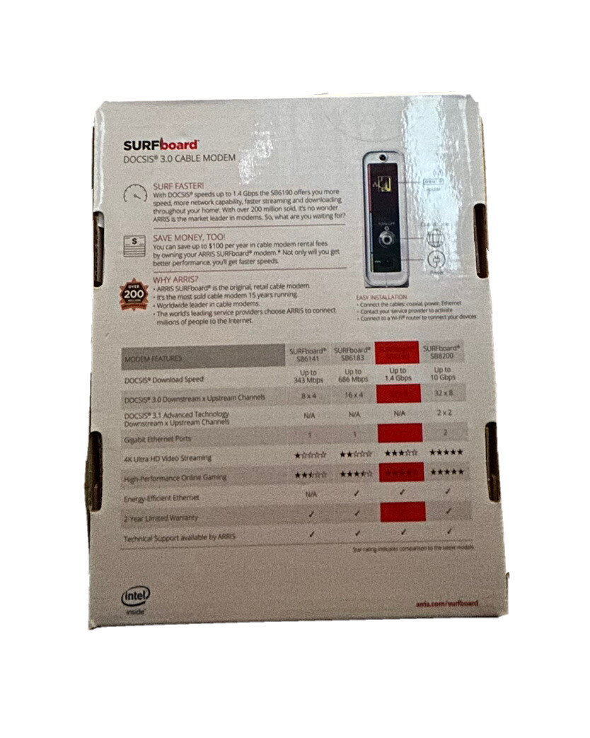 ARRIS Surfboard SB6190 Cable Modem DOCSIS 3.0, 32×8 Channel Bonding, Compatible