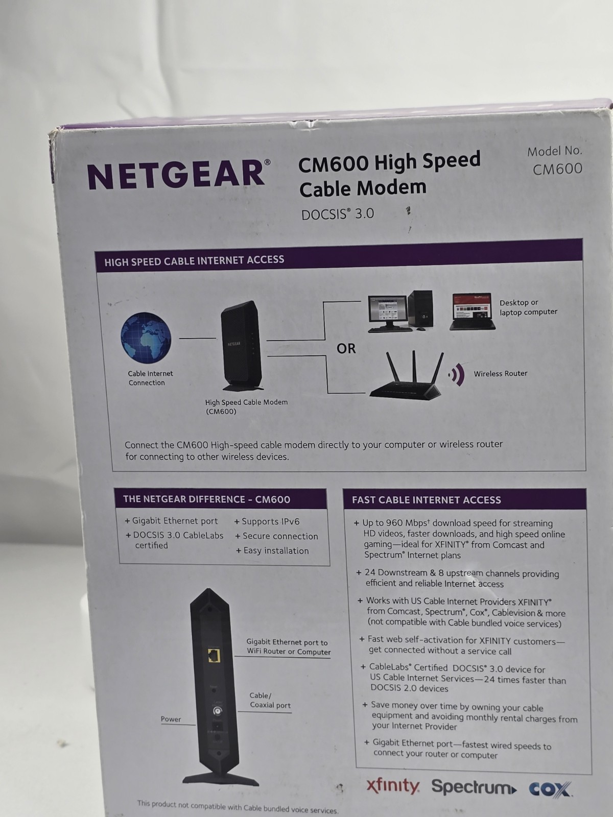 Netgear CM600 Docsis 3.0 Cable Modem. Max Download Speeds Of 960mbps.