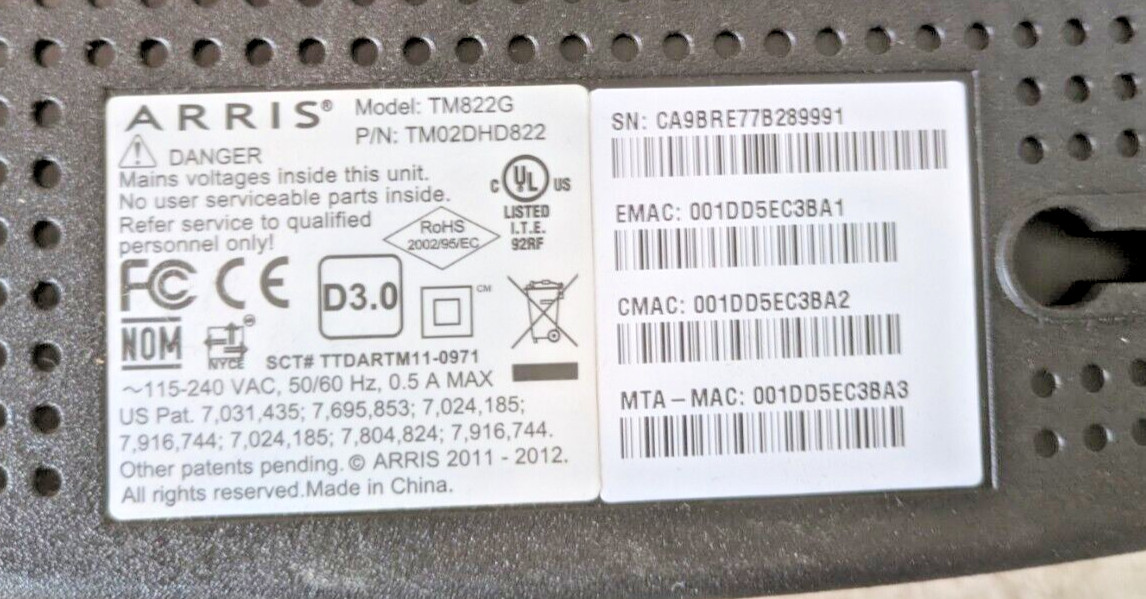 Arris TM822G Optimum DOCSIS 3.0 Cable Modem VoIP Used