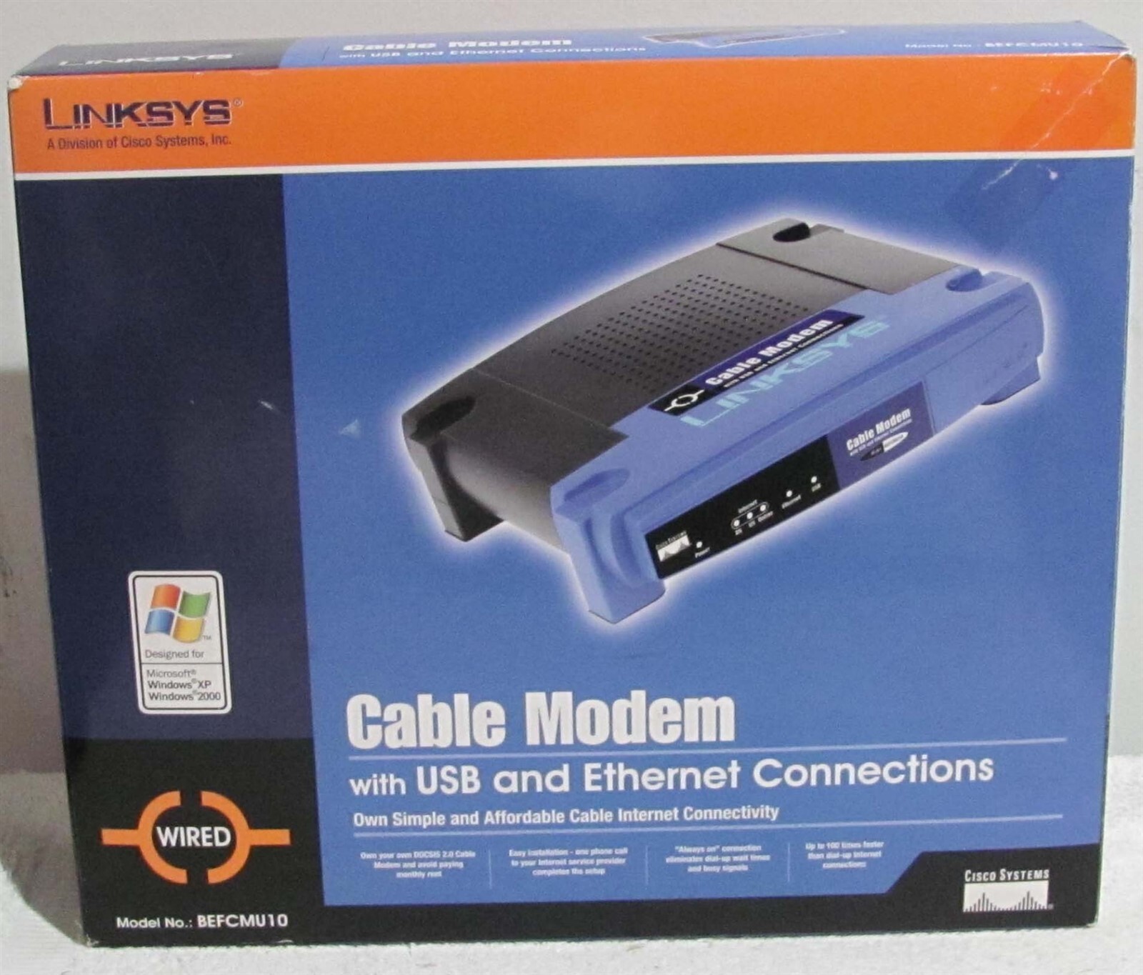 Linksys Cable Modem With USB & Ethernet Connections (Model #BEFCMU10) NEW