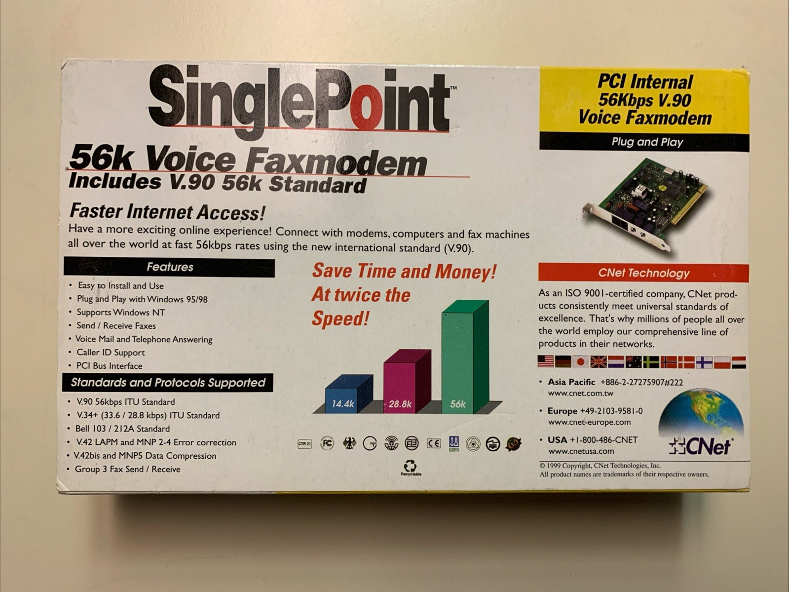 CNET Single Point Internal Modem 56k Voice Fax Modem Open Box