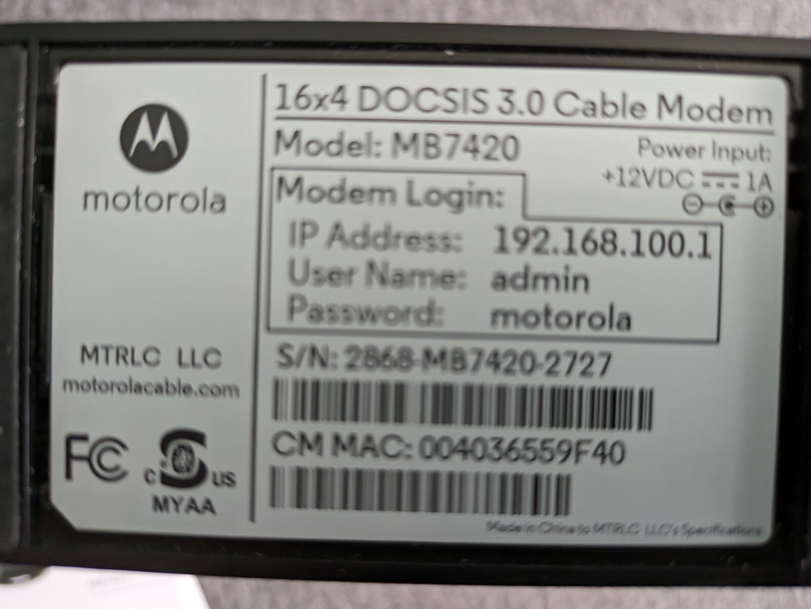 Motorola MB742010 16×4 686mbps DOCSIS 3.0 Cable Modem